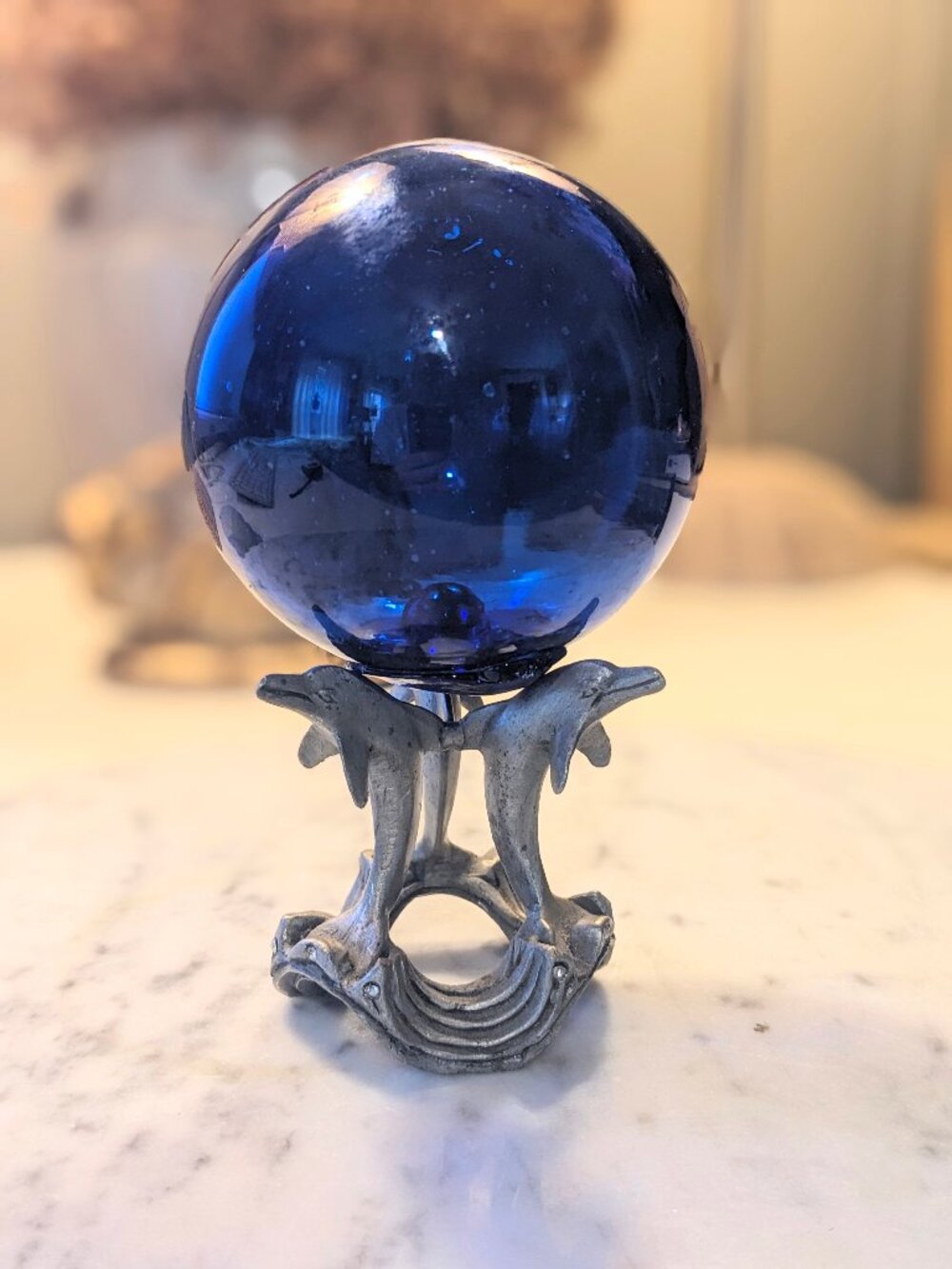 Sunglo Pewter Dolphins Figurine with Blown Cobalt Blue Glass Fishing Buoy